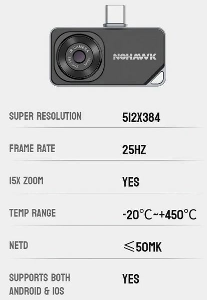 Тепловизионная камера Nohawk 5X Zoom для смартфона USB-C (Серый) 722515 фото