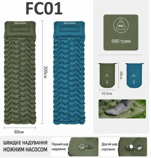 Надувной туристический матрас Naturehike FC01 со встроенным ножным насосом (Синий) 722206 фото