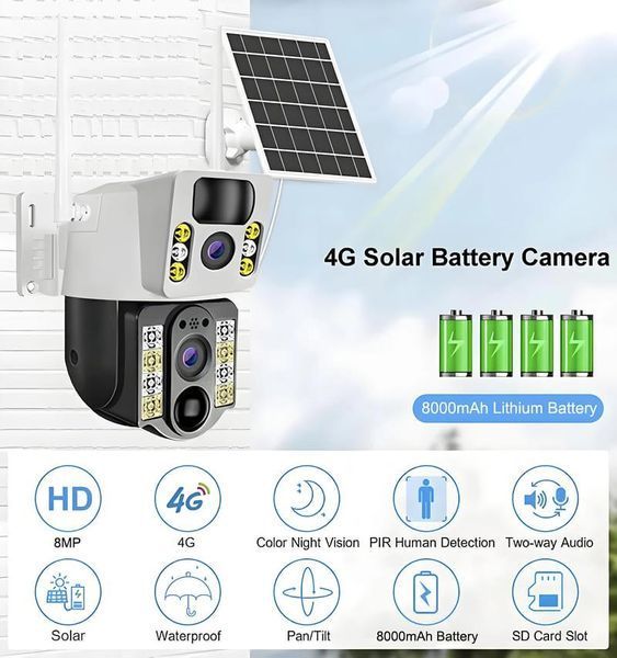 Вулична камера із сонячною панеллю V380Pro 4G Sim Wi-Fi 4K 8MP 719508 фото