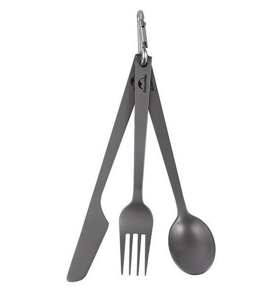 Комплект столовых приборов (ложка, вилка, нож) Naturehike NH19T011-D из титана с мешочком (Серый) 703915 фото