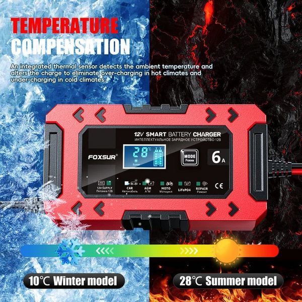 Умное зарядное устройство Foxsur 12V 6A FBC1206F с функцией блока питания (Красный) 722209 фото