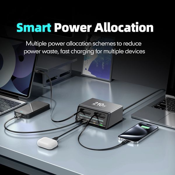 Зарядная многоканальная станция WLX-60E 210W с кабелями (2Type-C48W+3Type-C33W+USB30W) Черный 719351 фото