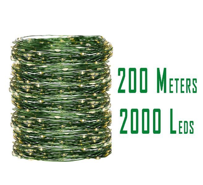 Светодиодная гирлянда нить Роса 200м 2000 Led от сети на зеленой проволоке + пульт ДУ (Теплый белый) 719157 фото