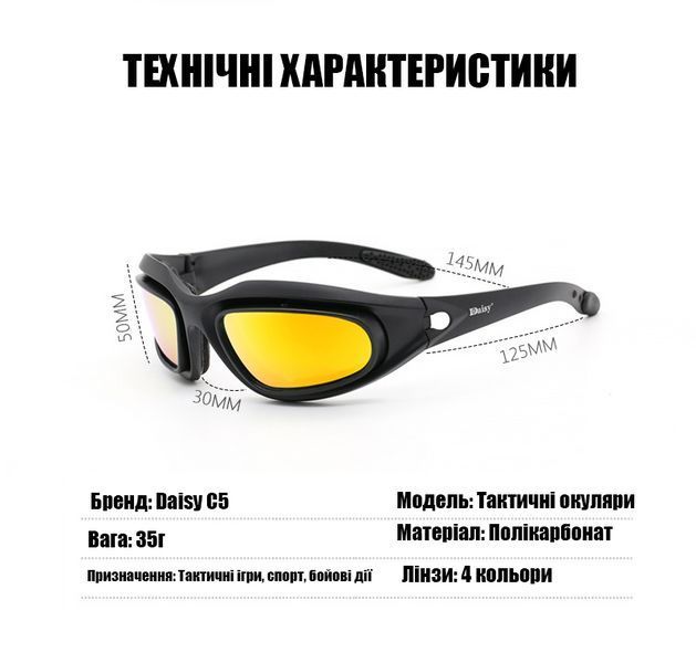 Військові окуляри з поляризацією Daisy C5 4 змінні лінзи + чохол (Чорний) 719481 фото
