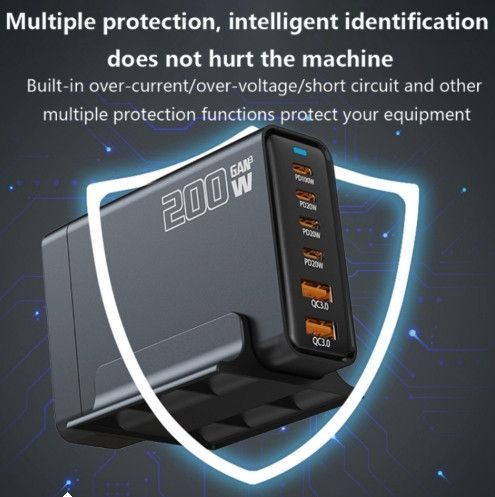 Мережевий багатоканальний зарядний пристрій GaN YFY-IQ37 200 W (1Type-C-100W+4Type-C-20W+3USBQC3.0-20W) Чорний 719367 фото