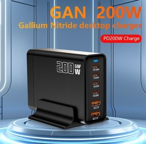 Мережевий багатоканальний зарядний пристрій GaN YFY-IQ37 200 W (1Type-C-100W+4Type-C-20W+3USBQC3.0-20W) Чорний 719367 фото