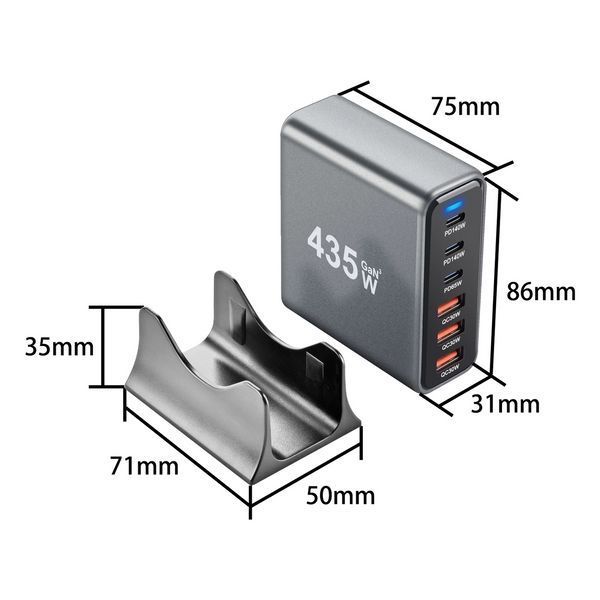 Мережевий зарядний пристрій Gan 3C3A-435W (2Type-C-140 W+1Type-C-65W+3USBQC3.0-30W) на 6 портів із підставкою Сірий 719189 фото
